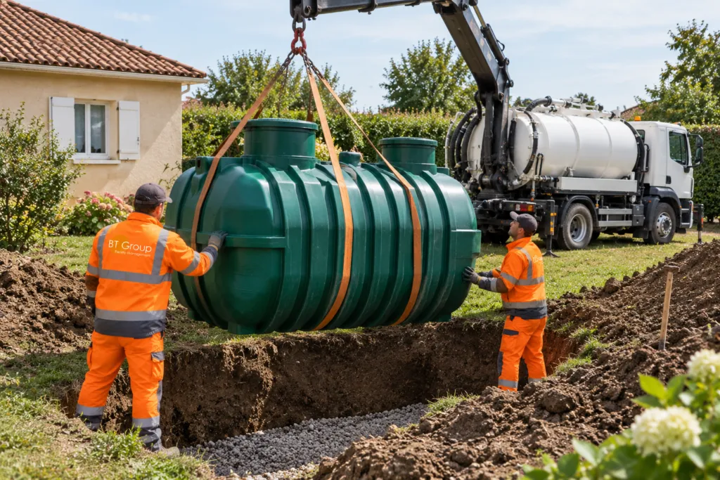 Pose d'une micro-station d'épuration dans un jardin
