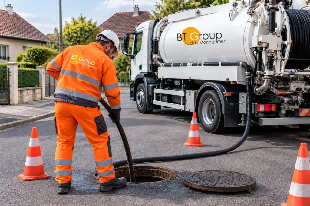Curage haute pression d'un égout avec camion hydrocureur